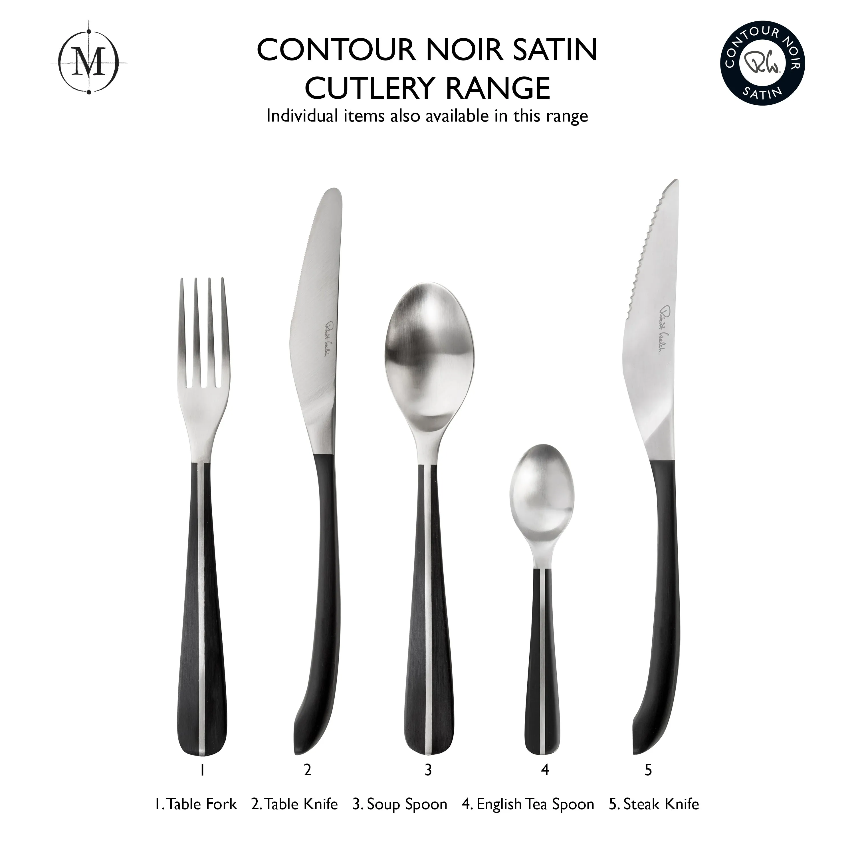 Contour Noir Satin Cutlery Set, 24 Piece for 6 People