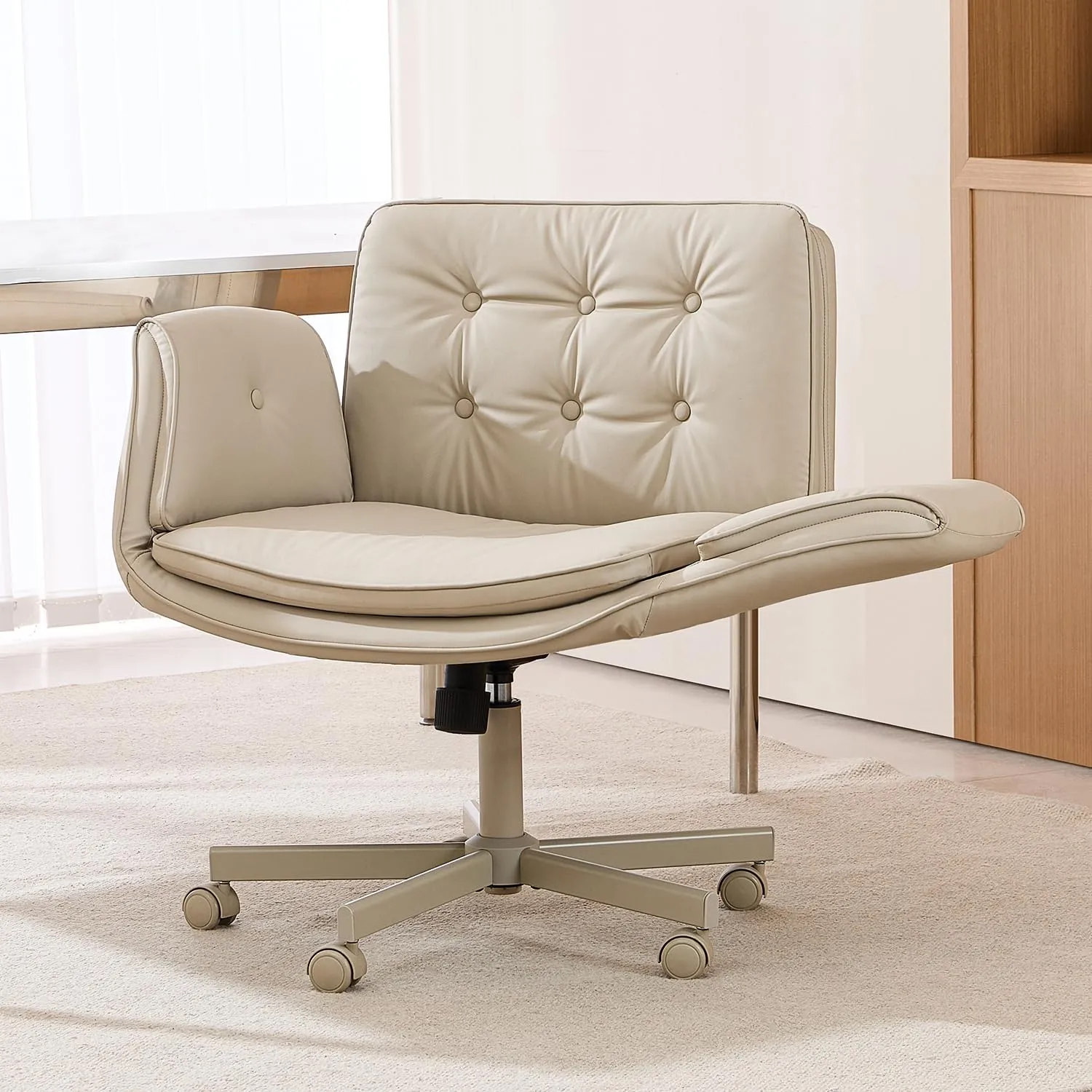 Criss Cross Chair with Armrests & Wheels, PU Leather Vanity Chair, Comfortable Adjustable Swivel Computer Office Desk Chairs for Home, Make Up, Bed Room (Cream White)