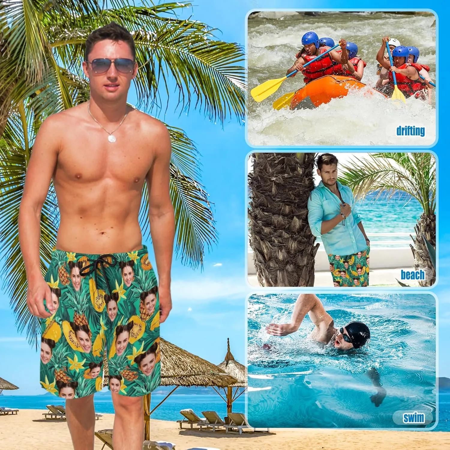 Custom Face Swim Trunks for Mens, Personalized Funny Beach Shorts with Faces Photo, Customized Swim Shorts Gift for Birthday