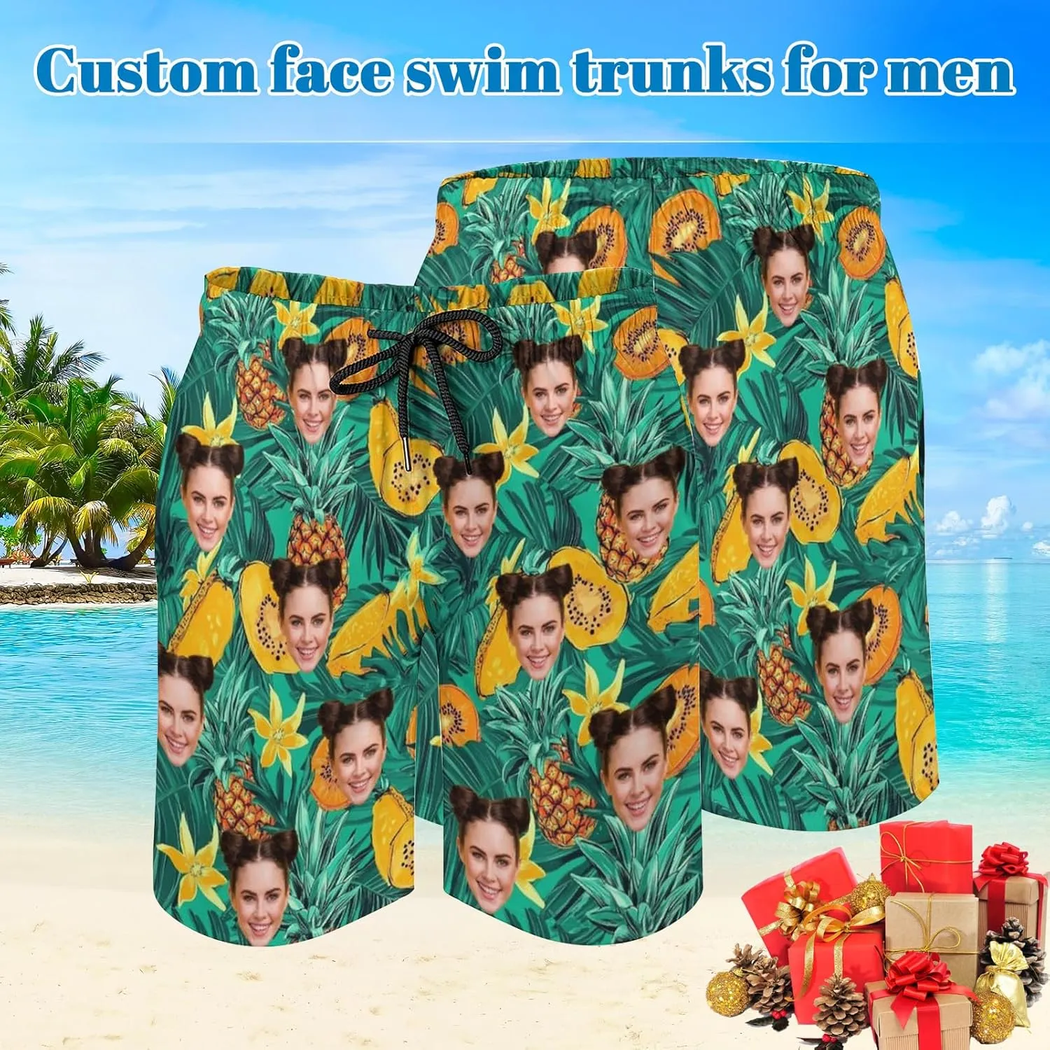 Custom Face Swim Trunks for Mens, Personalized Funny Beach Shorts with Faces Photo, Customized Swim Shorts Gift for Birthday