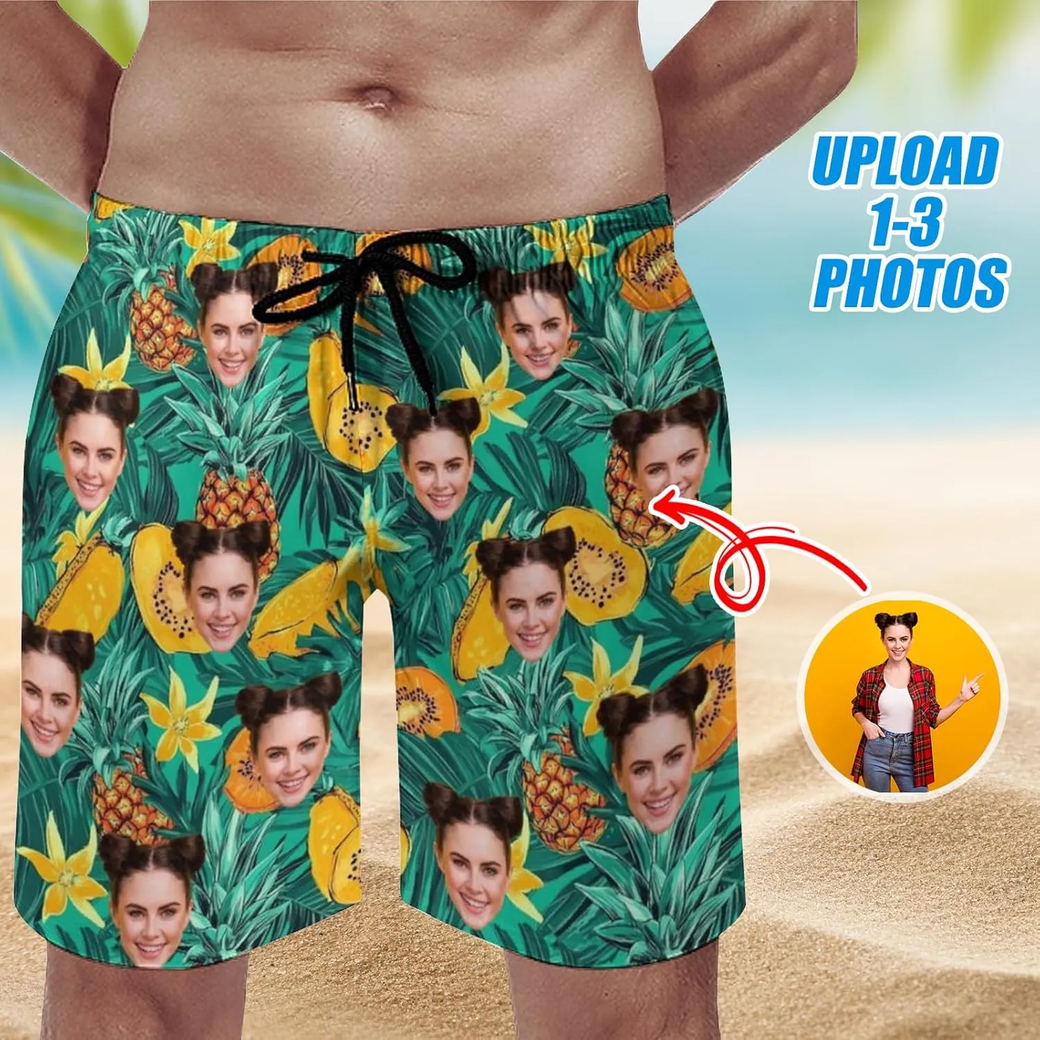 Custom Face Swim Trunks for Mens, Personalized Funny Beach Shorts with Faces Photo, Customized Swim Shorts Gift for Birthday