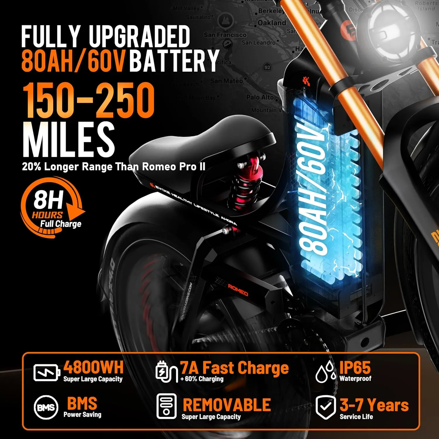 eAhora Romeo Pro 3 Electric Bike for Adults, 5000W 50Mph Dual Motor Ebike, 60V 80AH 250Miles Long Range Electric Bike, 26" *4.0 Fat Tire Electric Mountain Bike Full Suspension Off-Road E-Bike, UL2849