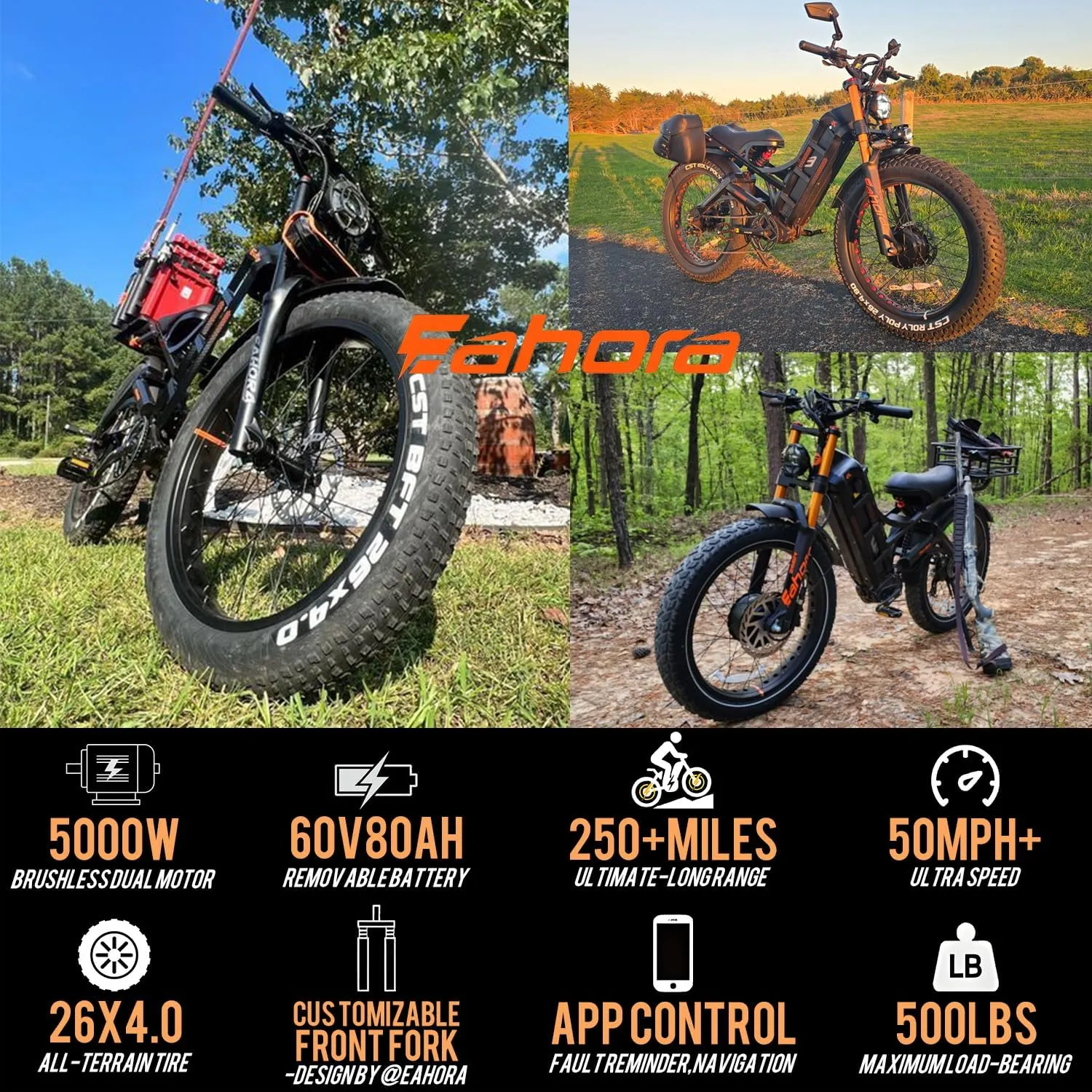eAhora Romeo Pro 3 Electric Bike for Adults, 5000W 50Mph Dual Motor Ebike, 60V 80AH 250Miles Long Range Electric Bike, 26" *4.0 Fat Tire Electric Mountain Bike Full Suspension Off-Road E-Bike, UL2849