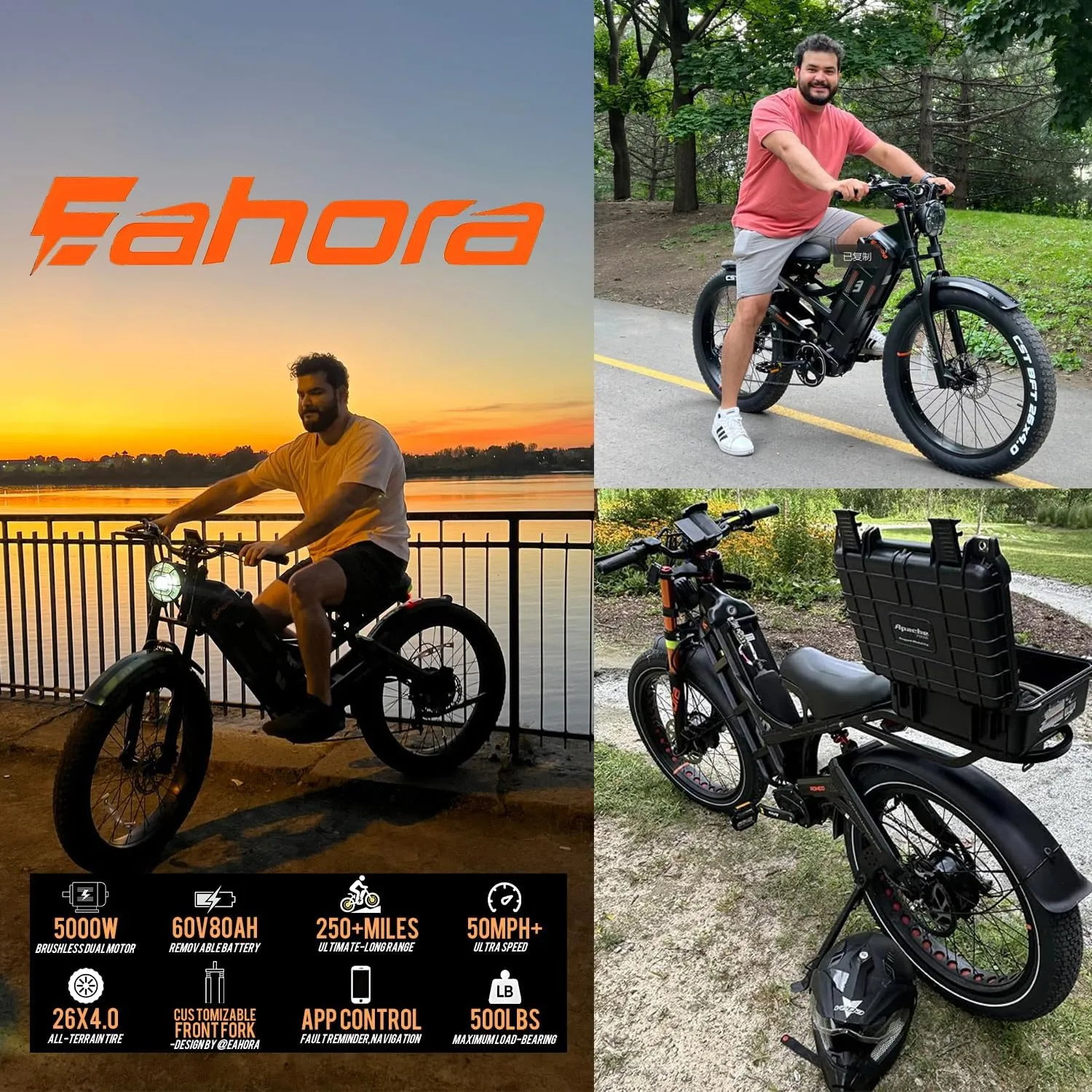 eAhora Romeo Pro 3 Electric Bike for Adults, 5000W 50Mph Dual Motor Ebike, 60V 80AH 250Miles Long Range Electric Bike, 26" *4.0 Fat Tire Electric Mountain Bike Full Suspension Off-Road E-Bike, UL2849