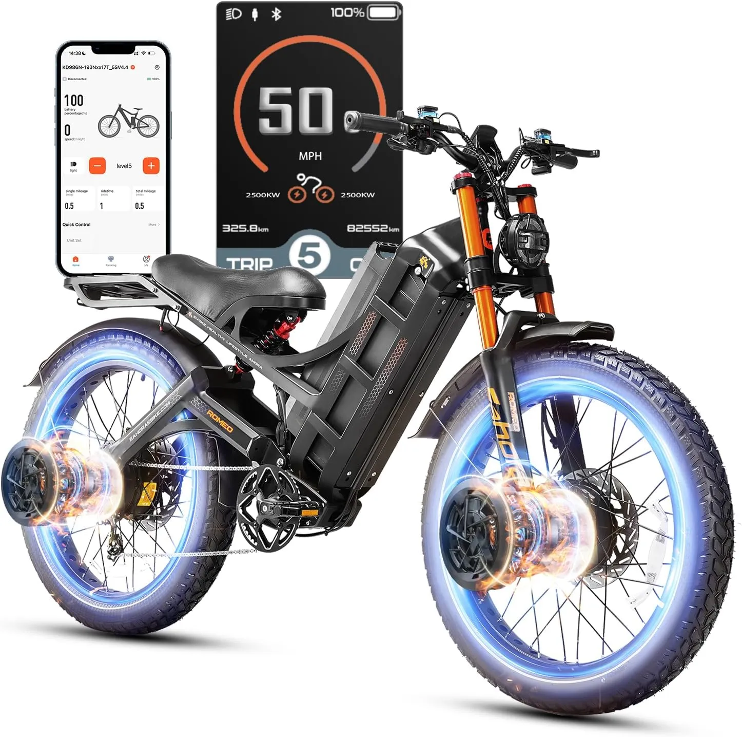 eAhora Romeo Pro 3 Electric Bike for Adults, 5000W 50Mph Dual Motor Ebike, 60V 80AH 250Miles Long Range Electric Bike, 26" *4.0 Fat Tire Electric Mountain Bike Full Suspension Off-Road E-Bike, UL2849