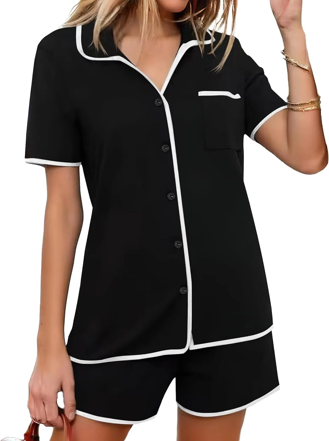 Ekouaer Pajamas Set for Women Short Sleeve Casual Sleepwear Button Down Pj Sets Shorts Soft Loungewear for Summer,S-XXL