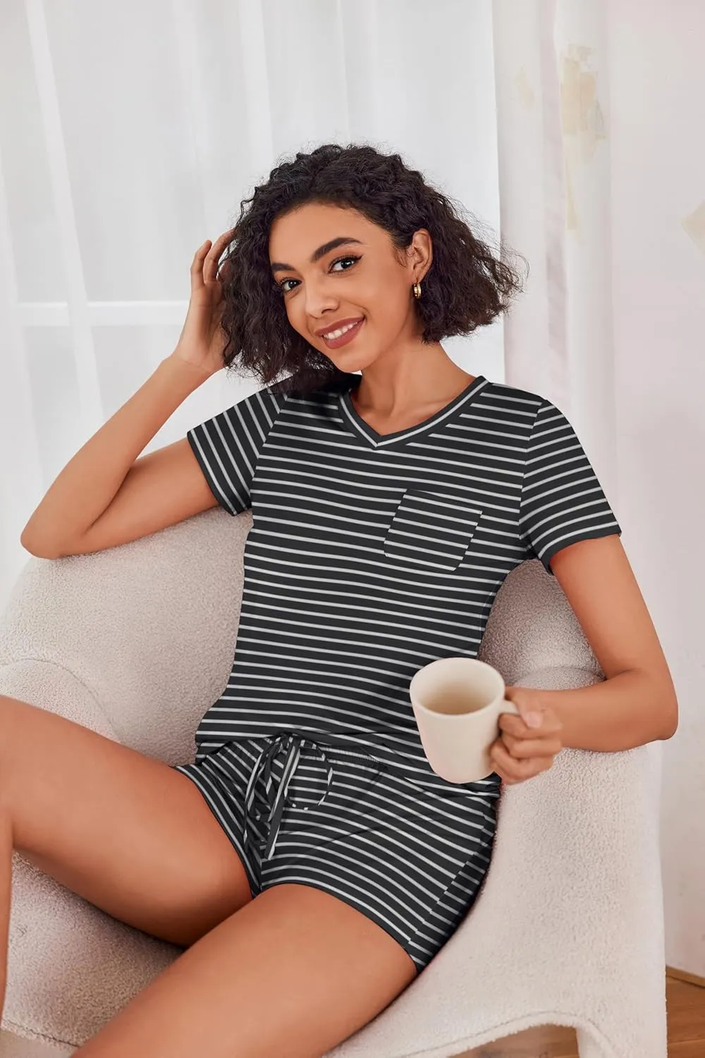 Ekouaer Womens Pajama Sets Short Sleeve Pajamas for Women Sets Soft Lounge Sets Casual V Neck Sleepwear PJS