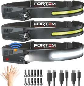 FORTEM Headlamp Rechargeable 3-Pack, 230 Wide Beam LED Head Lamp w/Motion Sensor, 6 Modes for Mechanic, 350 Lumen Hardhat Flashlight, Waterproof Headlight for Camping, Running, Hiking, Cycling