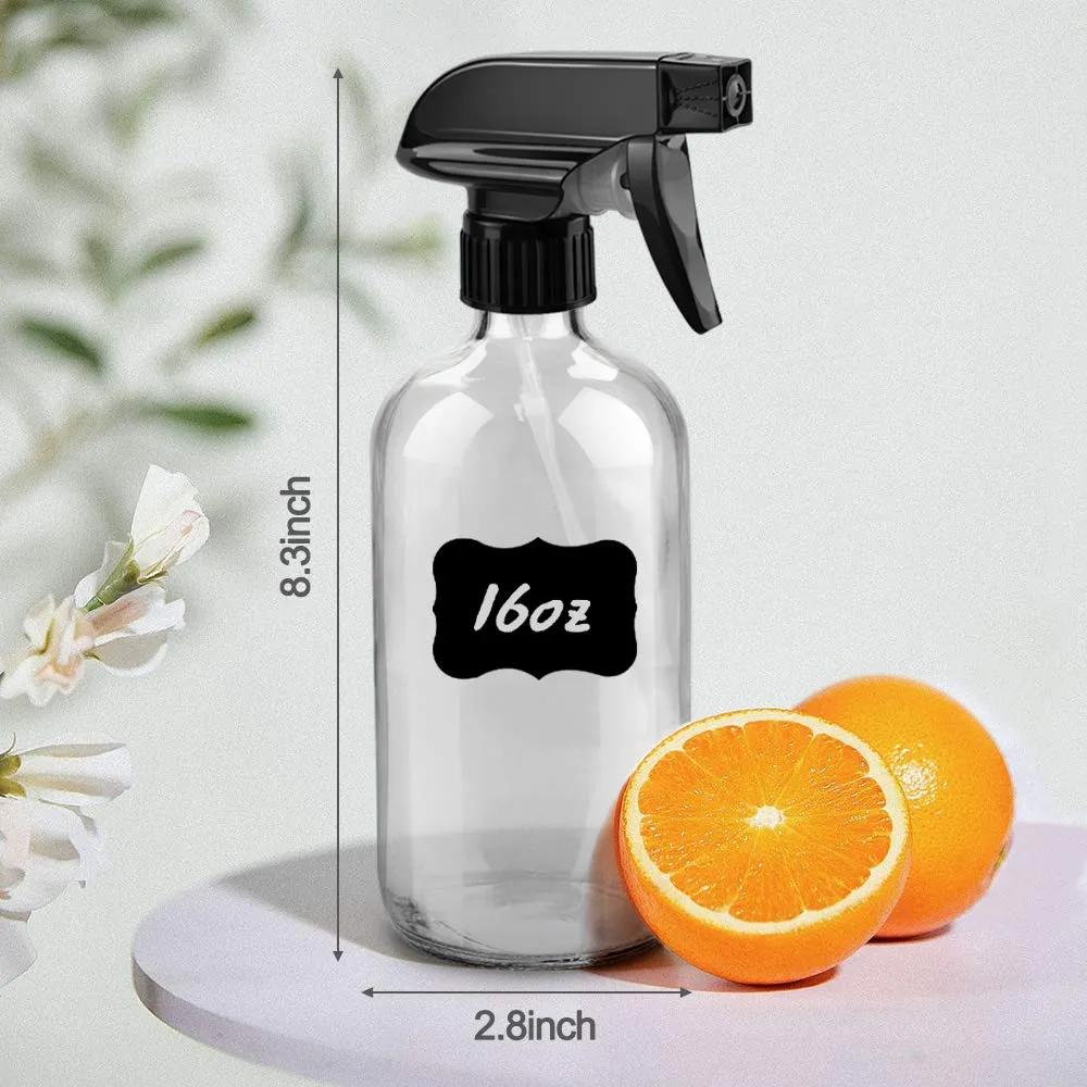 Glass Spray Bottles, 16oz Refillable Containers, Empty Boston Round Bottles with Labels & Adjustable Nozzle for Cleaning, Gardening, Aromatherapy, Pets, Plant, Hair -Clear (1 Pack)