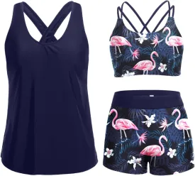 Holipick 3 Piece Tankini Swimsuits for Women Tummy Control Bathing Suits Swim Tank Top with Bra Boy Shorts Teen Swimwear