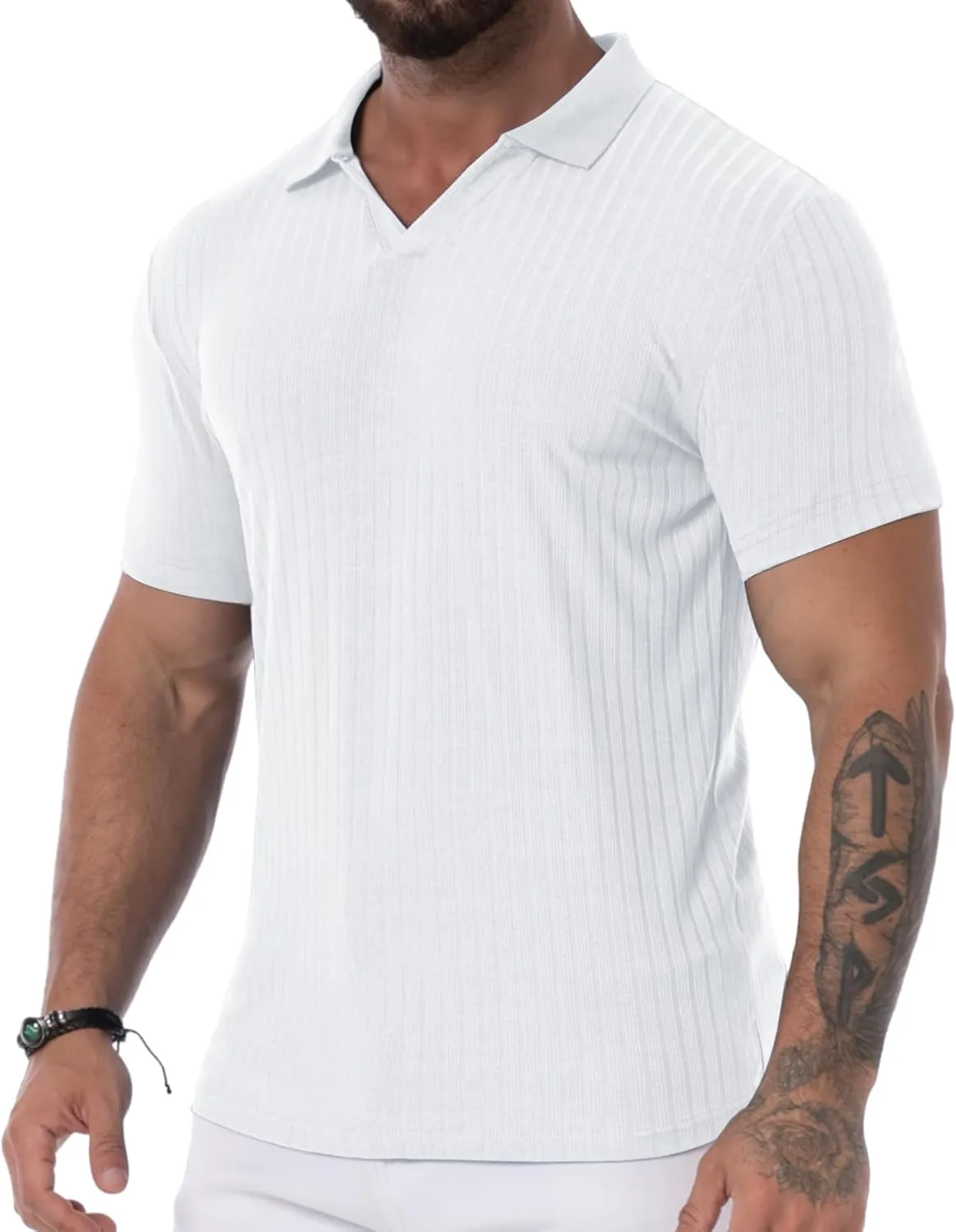 Mens V Neck Muscle Polo Shirts Slim Fit Short Sleeve Ribbed Polo T Shirt Stretch Golf Tees