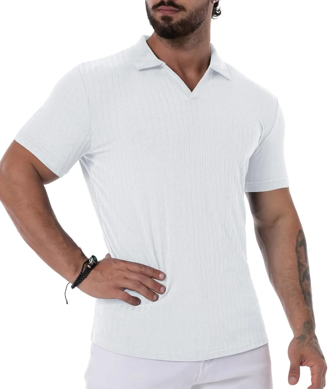 Mens V Neck Muscle Polo Shirts Slim Fit Short Sleeve Ribbed Polo T Shirt Stretch Golf Tees