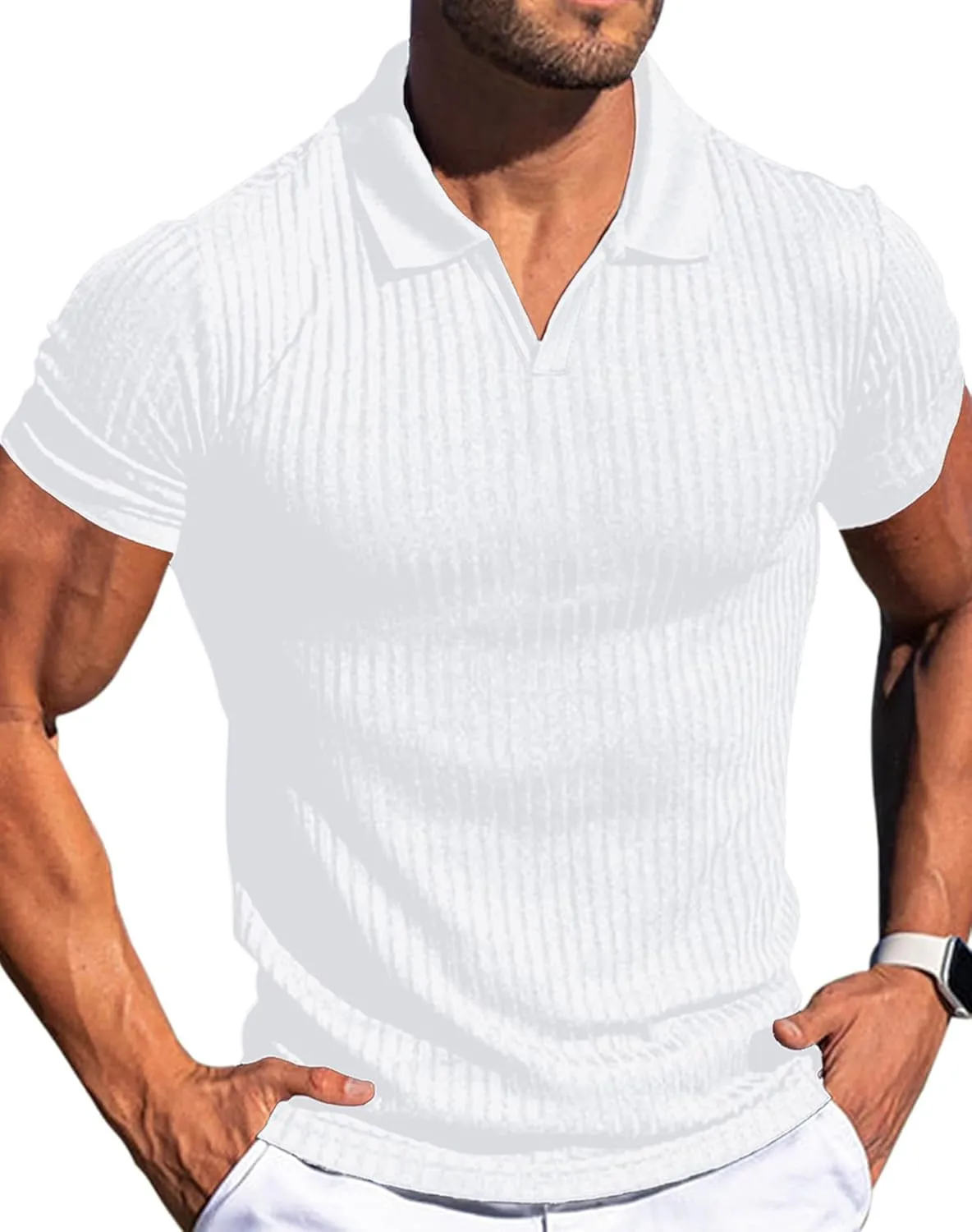 Mens V Neck Muscle Polo Shirts Slim Fit Short Sleeve Ribbed Polo T Shirt Stretch Golf Tees
