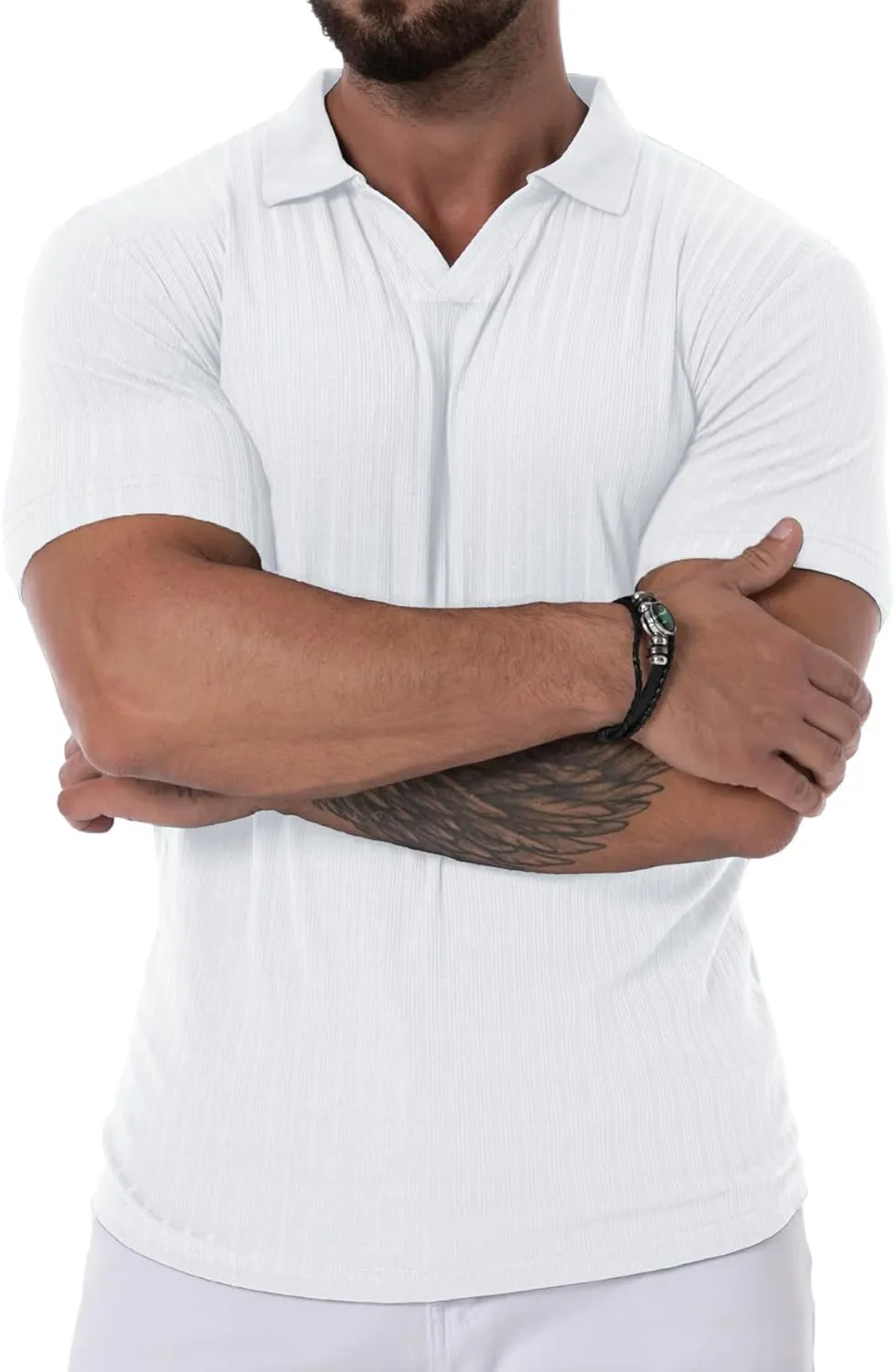 Mens V Neck Muscle Polo Shirts Slim Fit Short Sleeve Ribbed Polo T Shirt Stretch Golf Tees