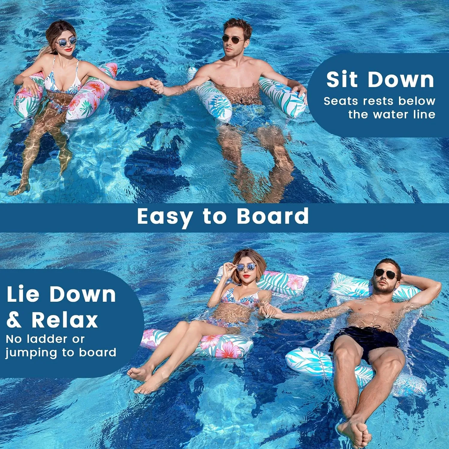 Pool Floats Adult, 2 Pack Inflatable Pool Floats, 4-in-1 Multi-Purpose Rafts Lounger Water Hammock for Swimming Pool, Thick PVC Pool Floaties for Adults Vacation