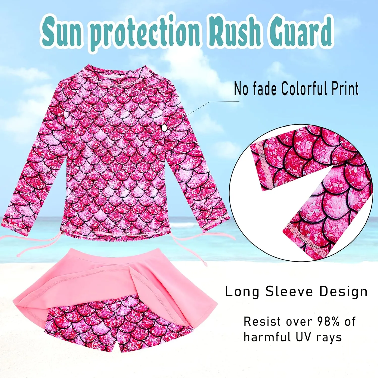 swimsobo Girls Rash Guard Two Pieces Bathing Suit Long Sleeve Swimsuit Swimming Skirt with Shorts Swimwear 3-12T
