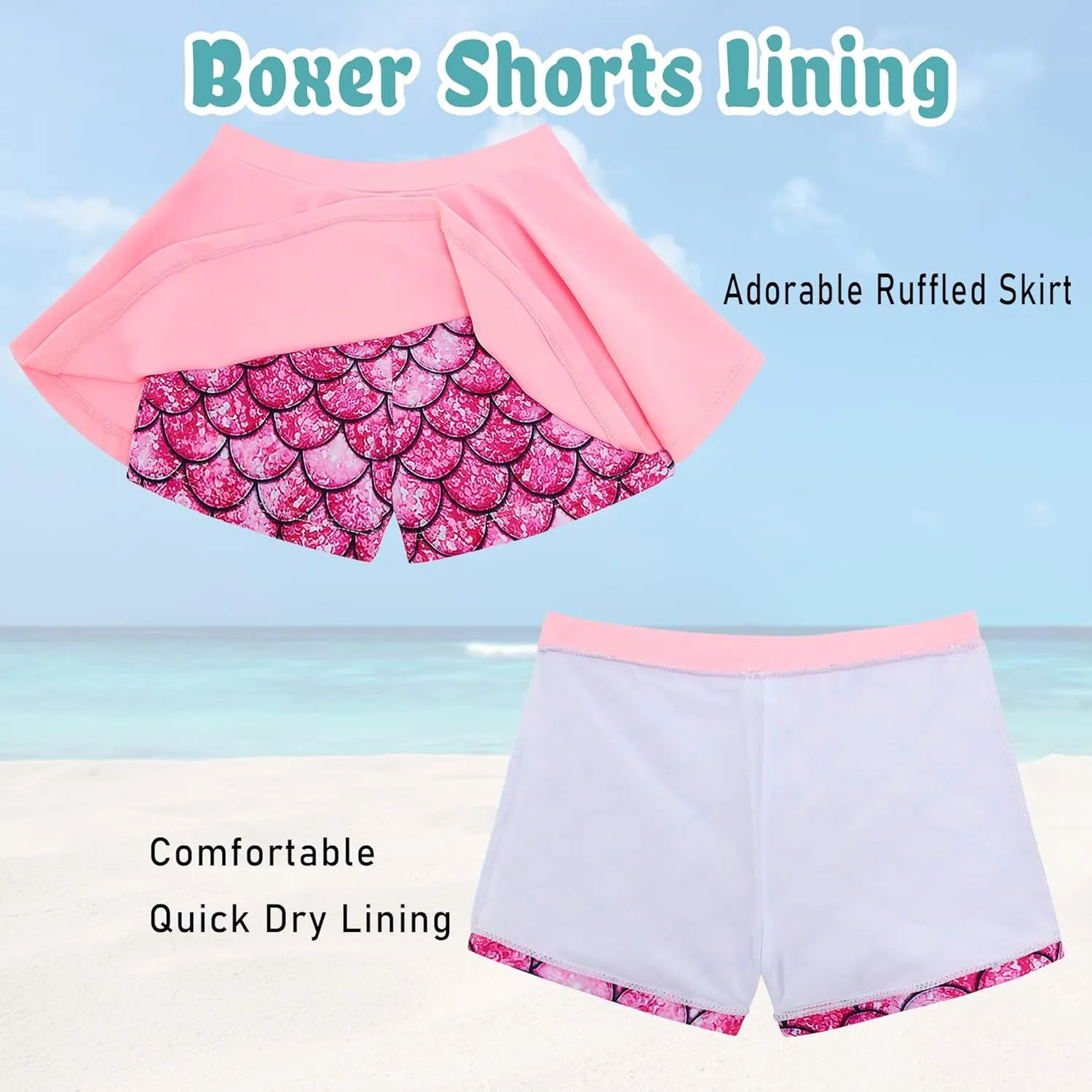 swimsobo Girls Rash Guard Two Pieces Bathing Suit Long Sleeve Swimsuit Swimming Skirt with Shorts Swimwear 3-12T