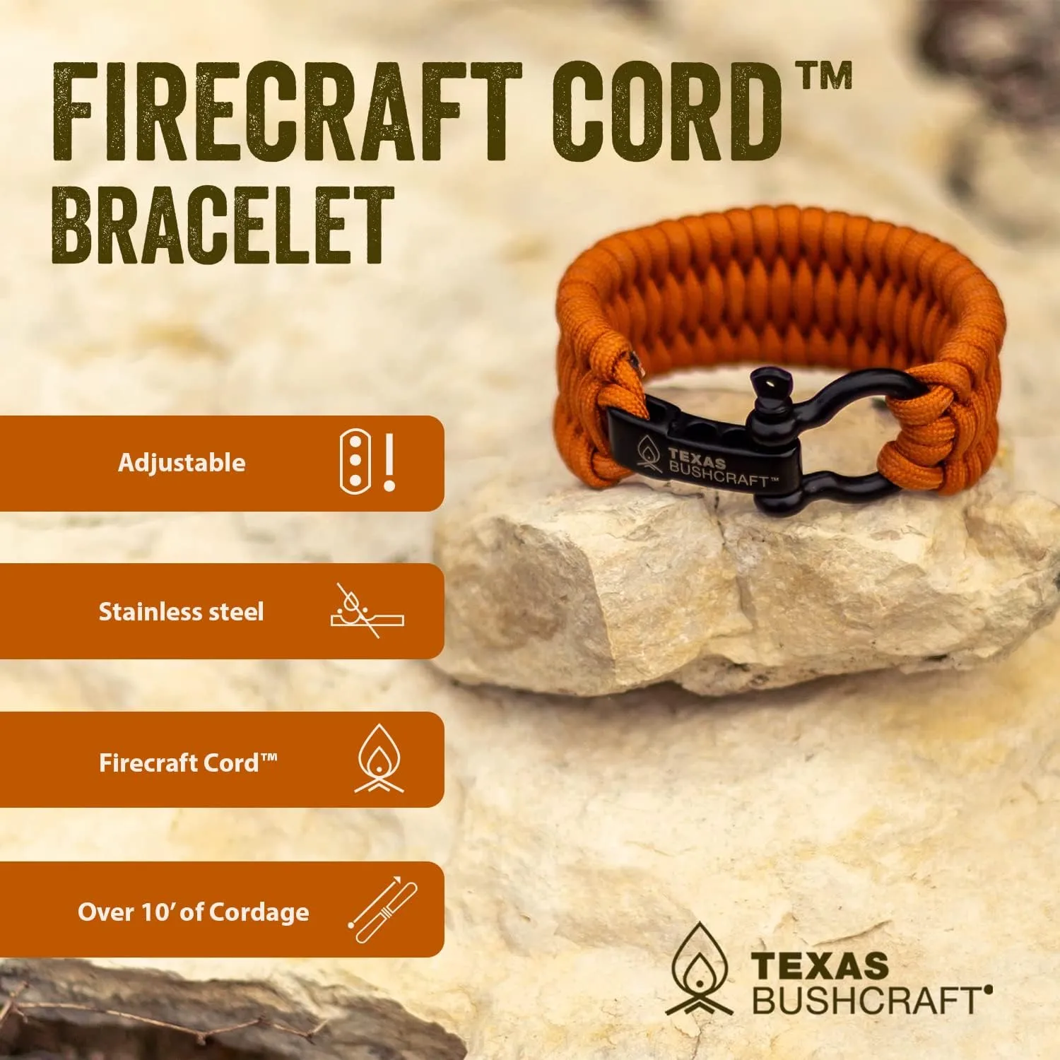 Texas Bushcraft Firecraft Cord Survival Bracelet  Paracord Bracelet with Bow Shackle for Camping and Emergency  3 Extra Strands Include Wax Thread, Tinder, and Fishing Line