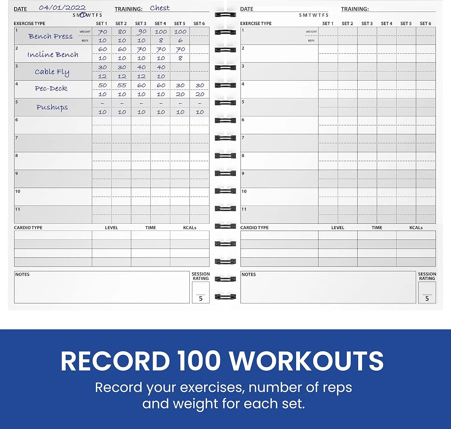 Ultimate Fitness Journal & Gym Workout Log Book with Plastic Covers [A5 Size - 6 x 8 Inches] Track 100 Workouts - Exercise, Weightlifting & Training Diary for Men & Women (Blue)