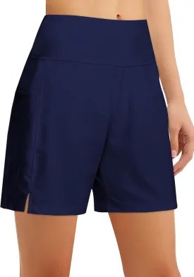 Women's 4" High-Waisted Swim Board Shorts with Liner and Pockets  Quick-Dry Beach & Swimming Shorts