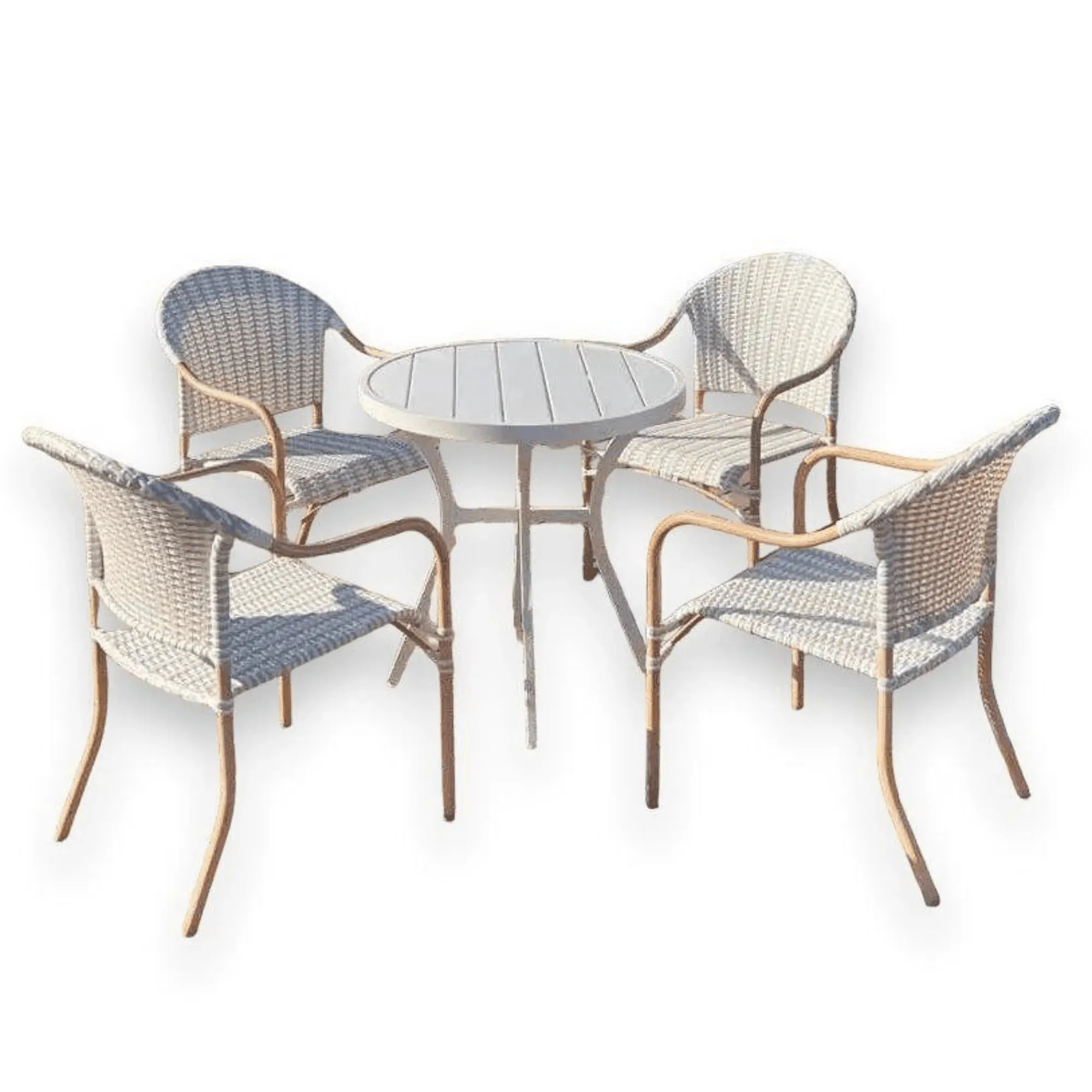 Wooden Twist WPC Alloy Aluminum 4 Seater Round Dining Table Set for Outdoor Furniture Premium Patio Dining and Elegant Garden Seating