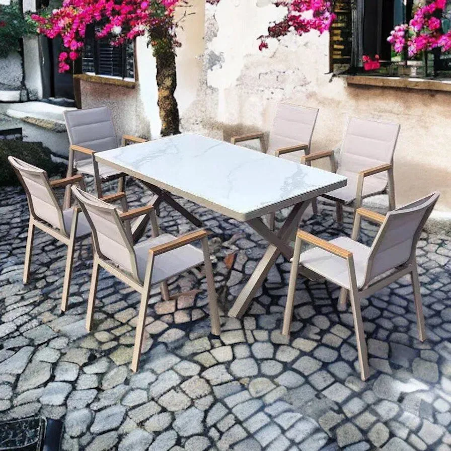 Wooden Twist WPC Alloy Aluminum 6 Seater Rectangular Dining Table Set for Outdoor Furniture Premium Patio Dining and Elegant Garden Seating